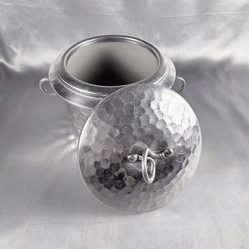 Vintage Hammered Aluminum Ice Bucket Pot w/ Lid & Ceramic Liner Everlast Style